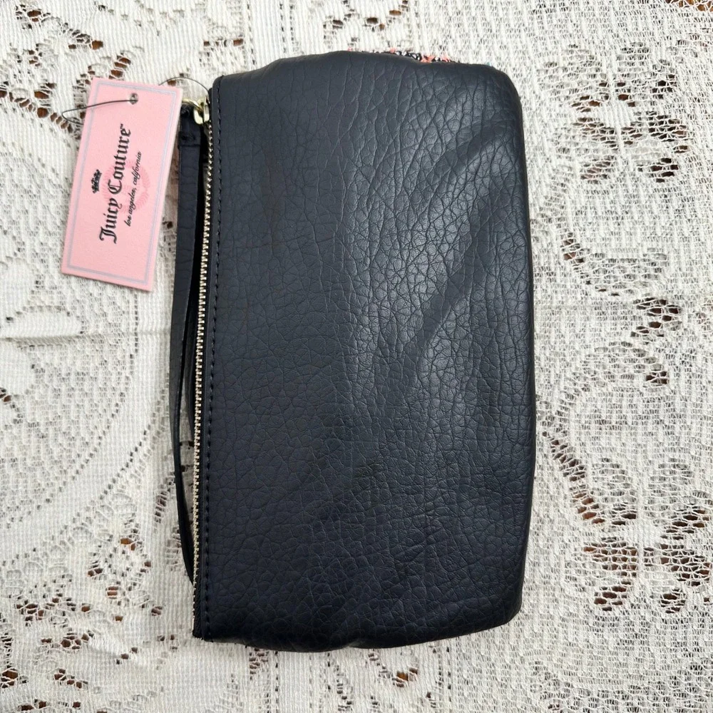 NWT Juicy Couture Wristlet Clutch Colorful Tweed Black Leather‎